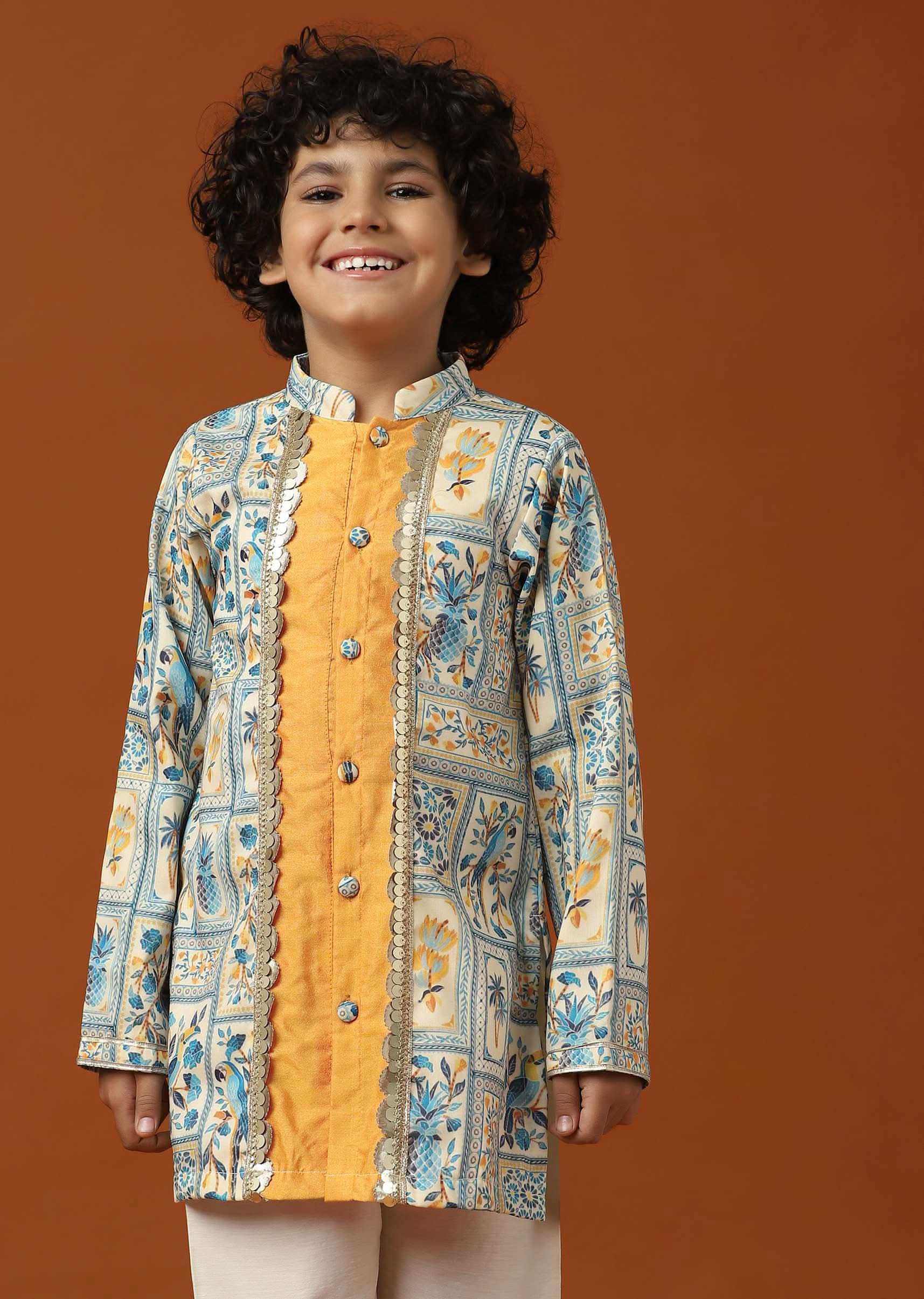 Multicolor Printed Kurta Set In Cotton Silk For Boys