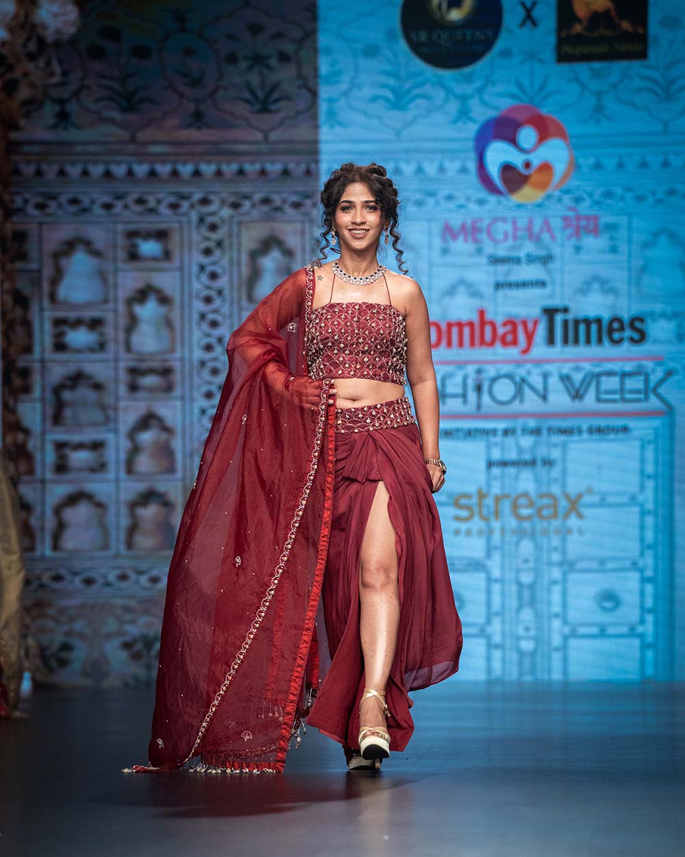 Heavy Hand Work Blouse with Pleated Chinon Chiffon Skirt & Embroidered Dupatta