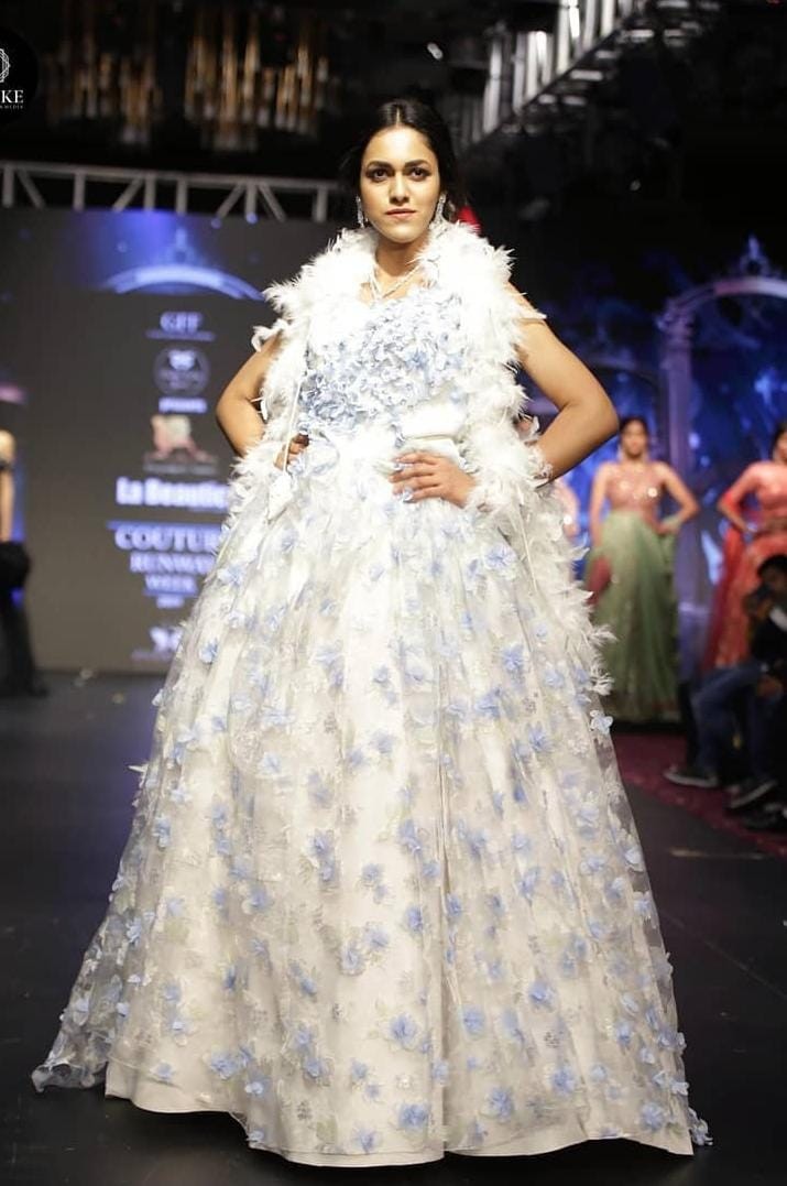 White & Blue 3D Floral Ball Gown with Feather Detailing