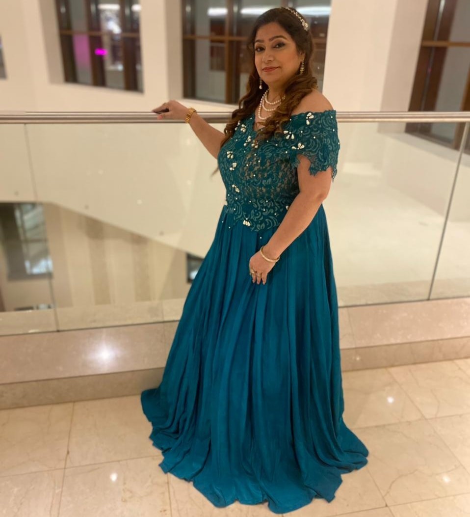 Teal Off-Shoulder Lace & Georgette Flowing Gown