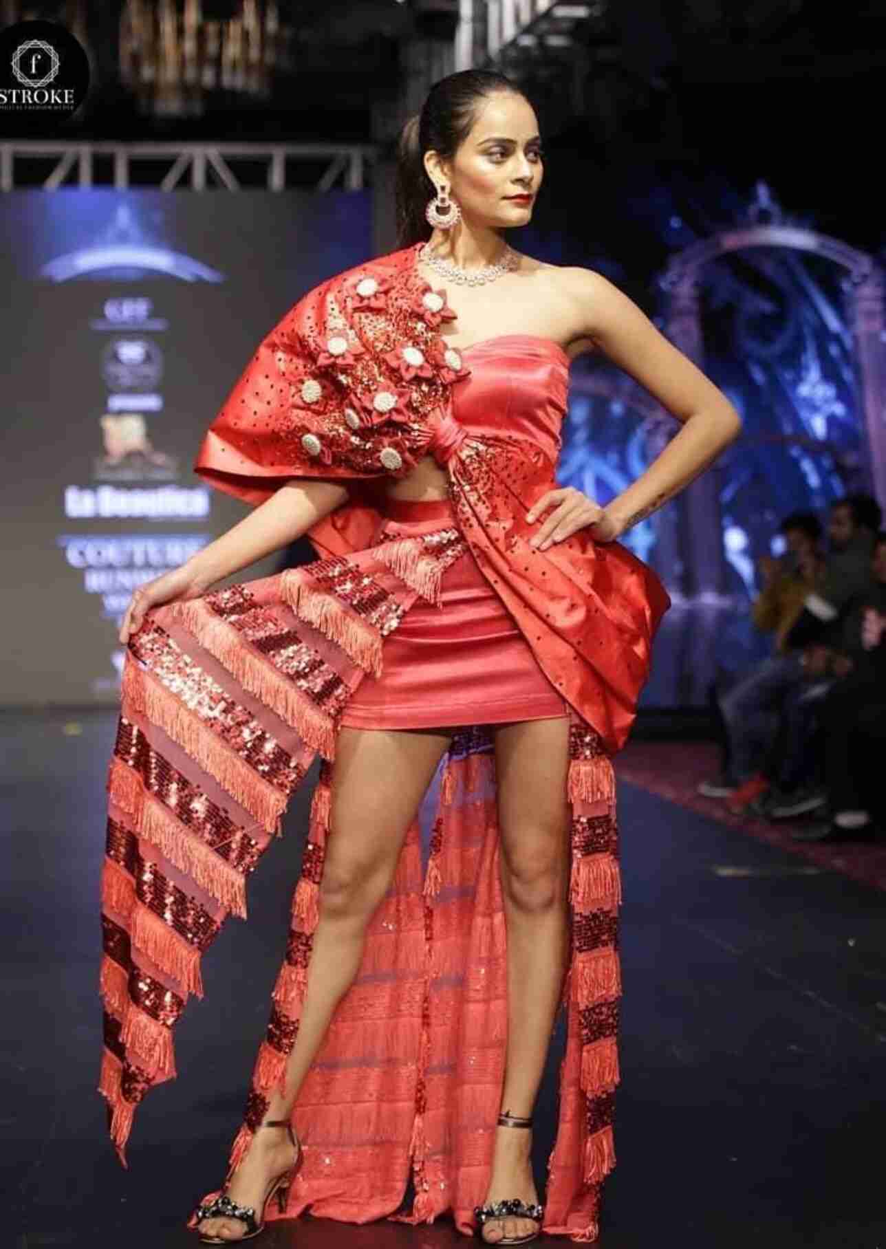 Scarlet Red Asymmetrical Couture Gown with 3D Floral & Fringe Detailing
