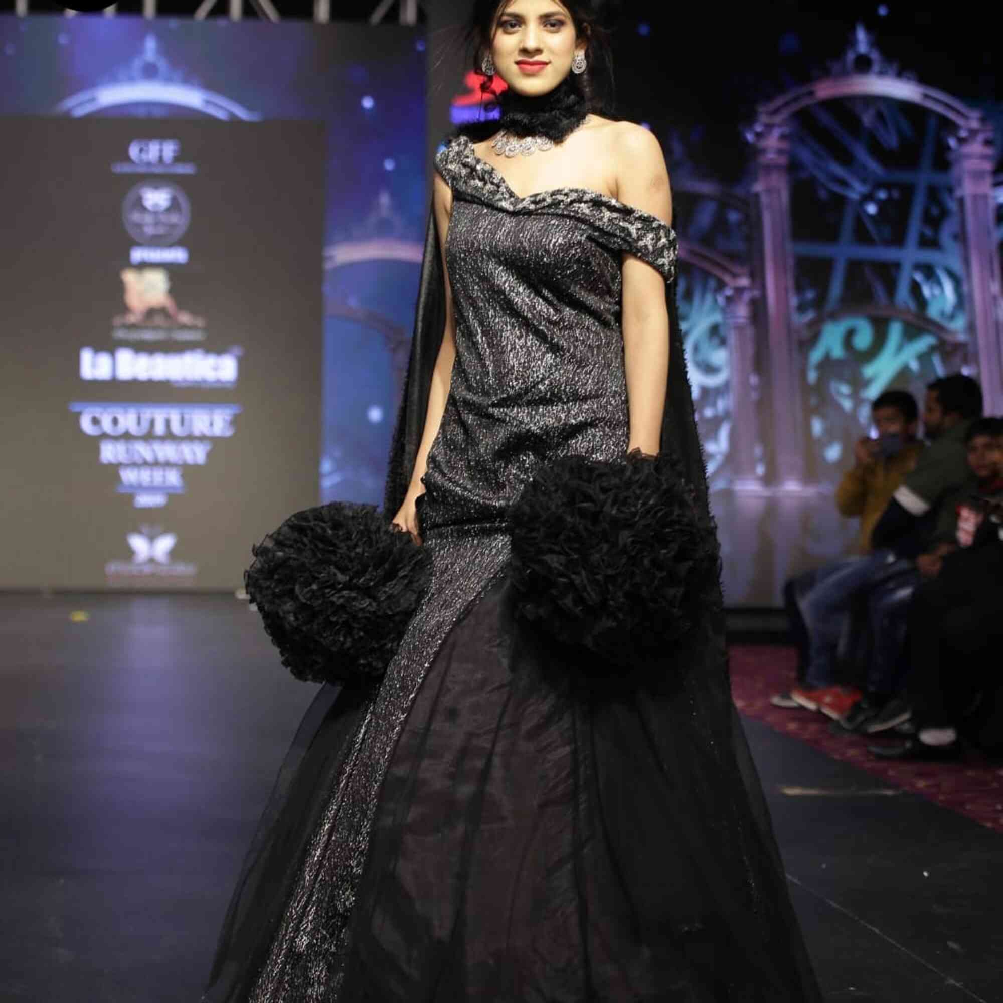 Black & Silver Off-Shoulder Couture Gown with Dramatic Floral Accents