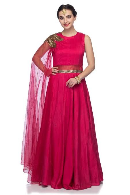 Designer Pink One-Shoulder Indo-Western Gown with Golden Embellishment