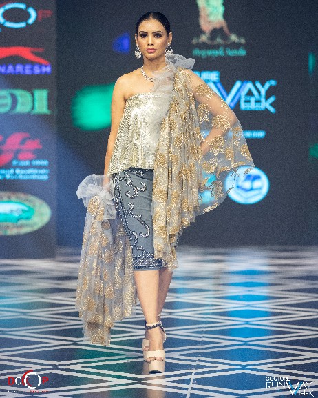 Designer One-Shoulder Indo-Western Cocktail Dress with Embroidered Cape