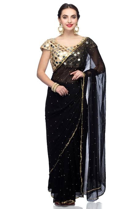 Black Georgette Saree with Golden Sequin Blouse & Border
