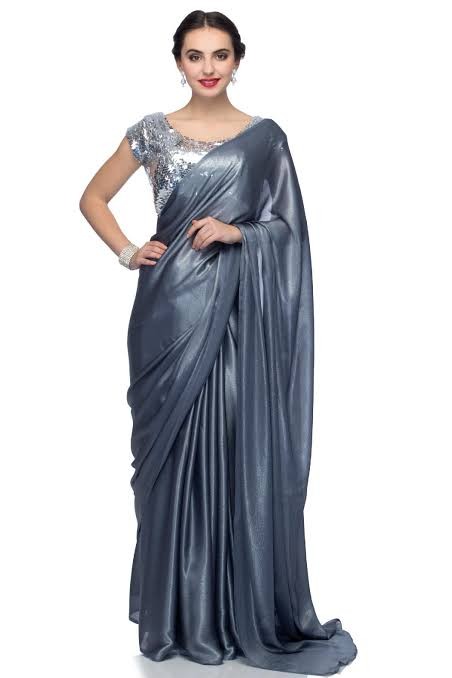 Metallic Steel Grey Satin Saree with Sequined Blouse