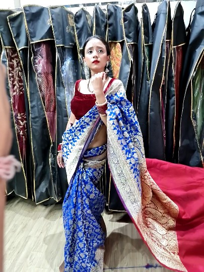 Royal Blue Banarasi Silk Saree with Crimson Velvet Blouse