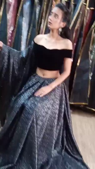 Glamorous Black Glitter Off-Shoulder Lehenga Set