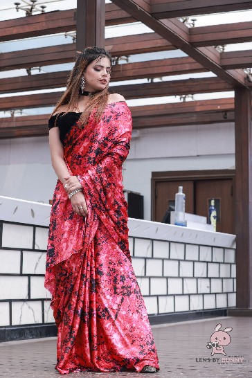 Elegant Red & Black Floral Satin Saree with Velvet Blouse