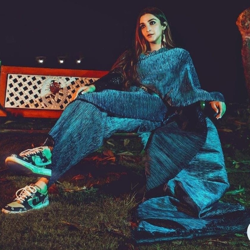 Metallic Blue Pleated Fusion Saree with Belt