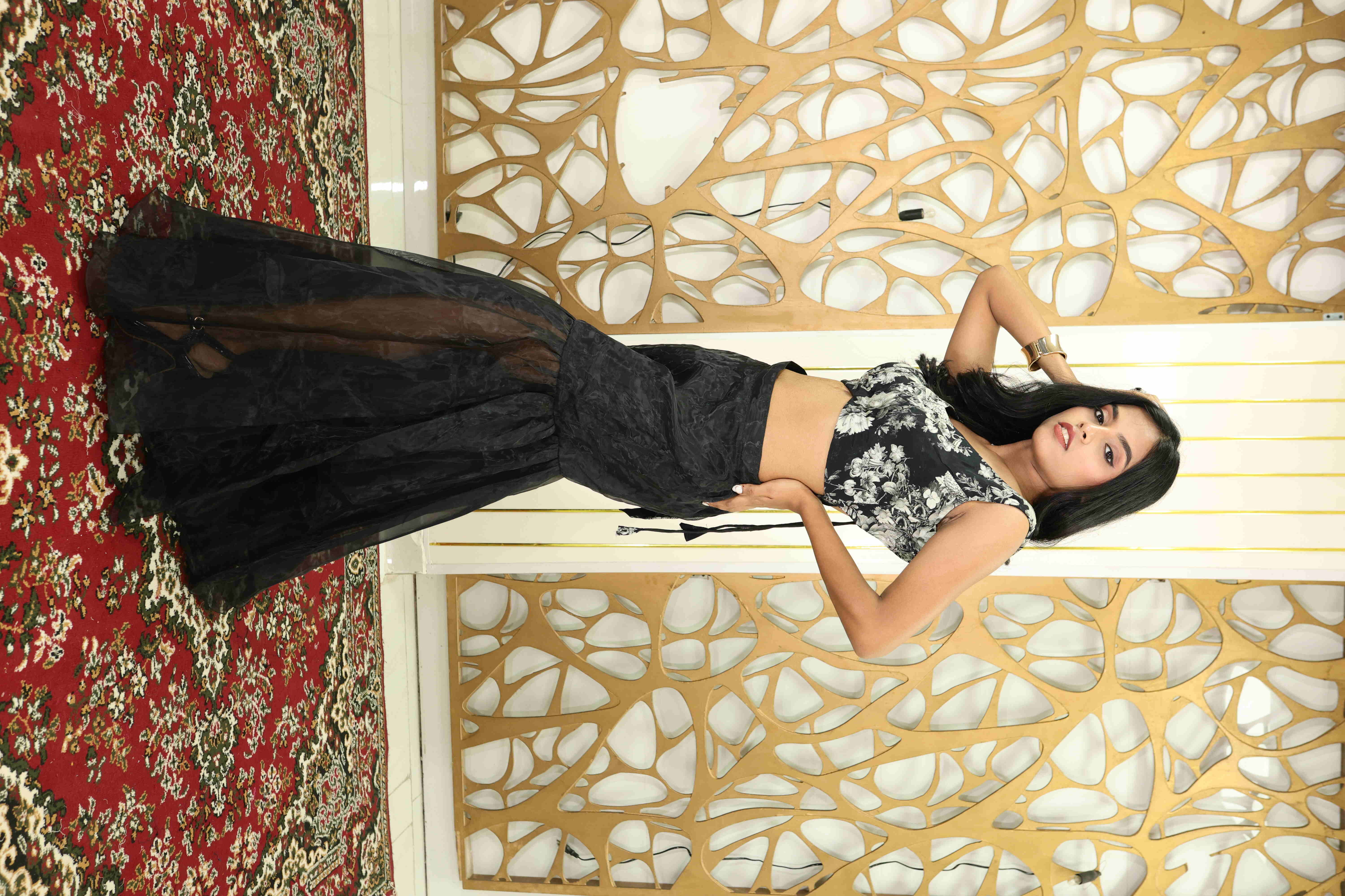 Black Floral Crop Top with Sheer Net Mermaid Skirt