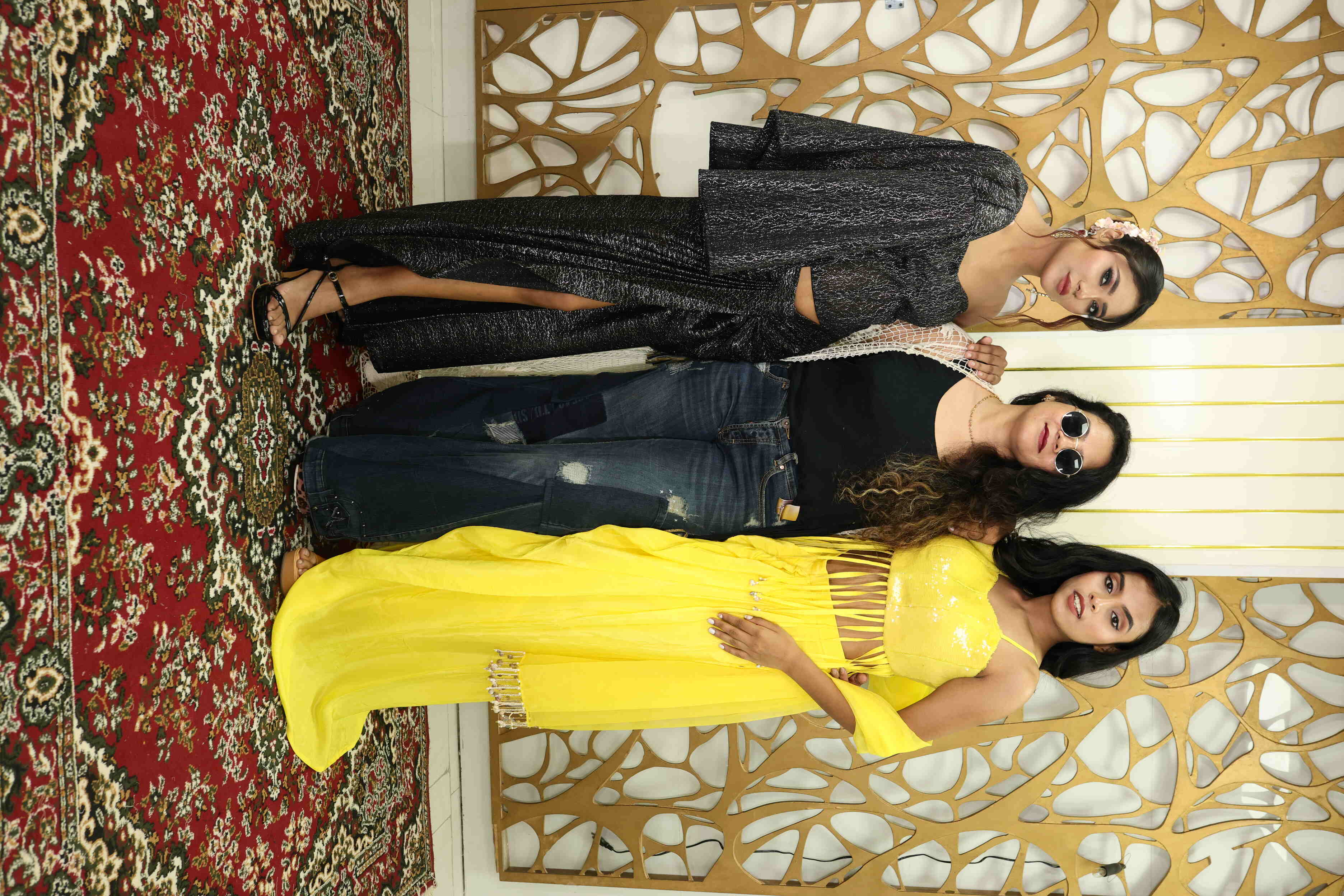 Black Shimmer Co-ord Set with One-Shoulder Top & Slit Skirt