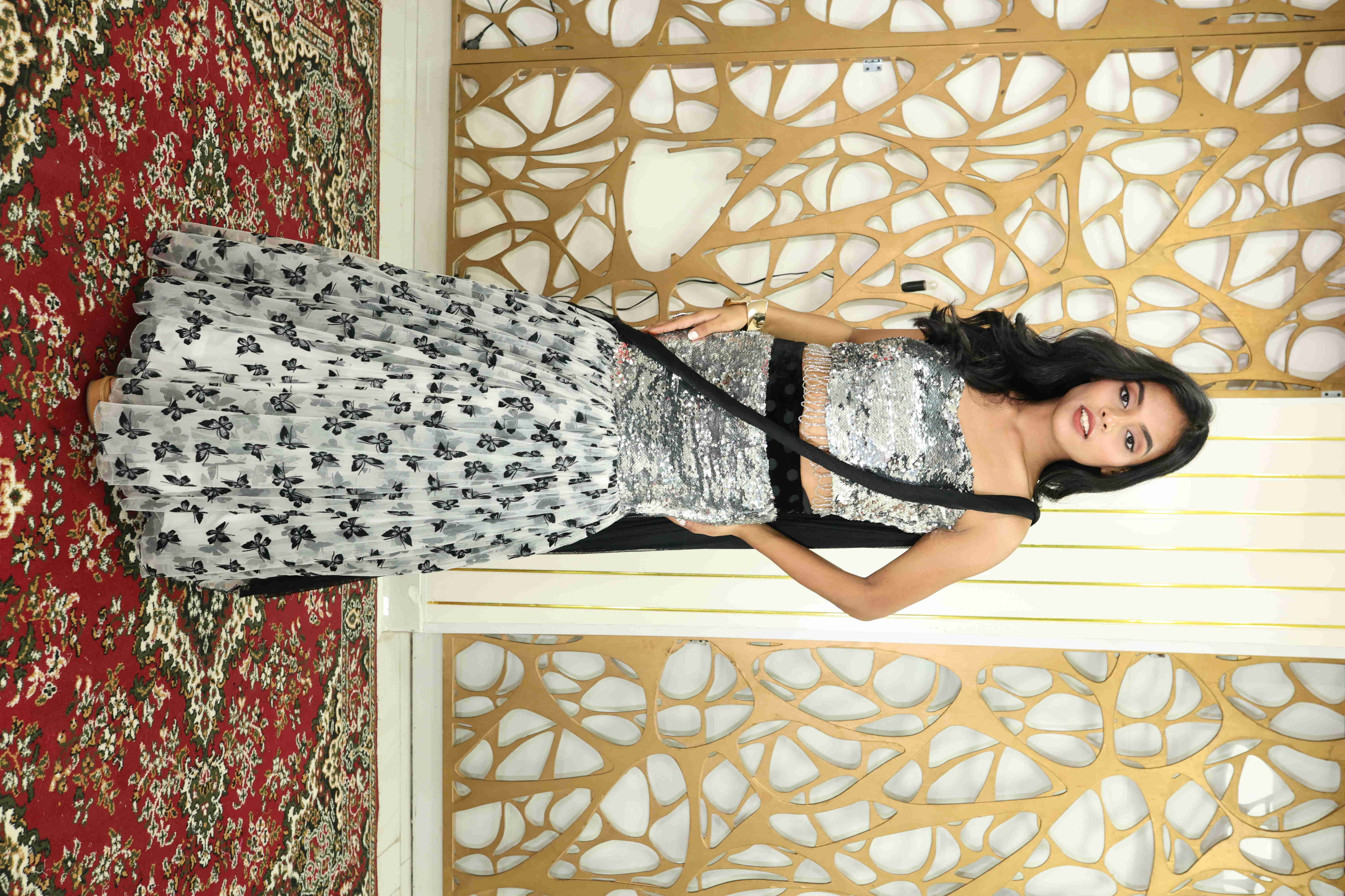 Silver Sequin & Floral Net Lehenga with Blouse and Dupatta