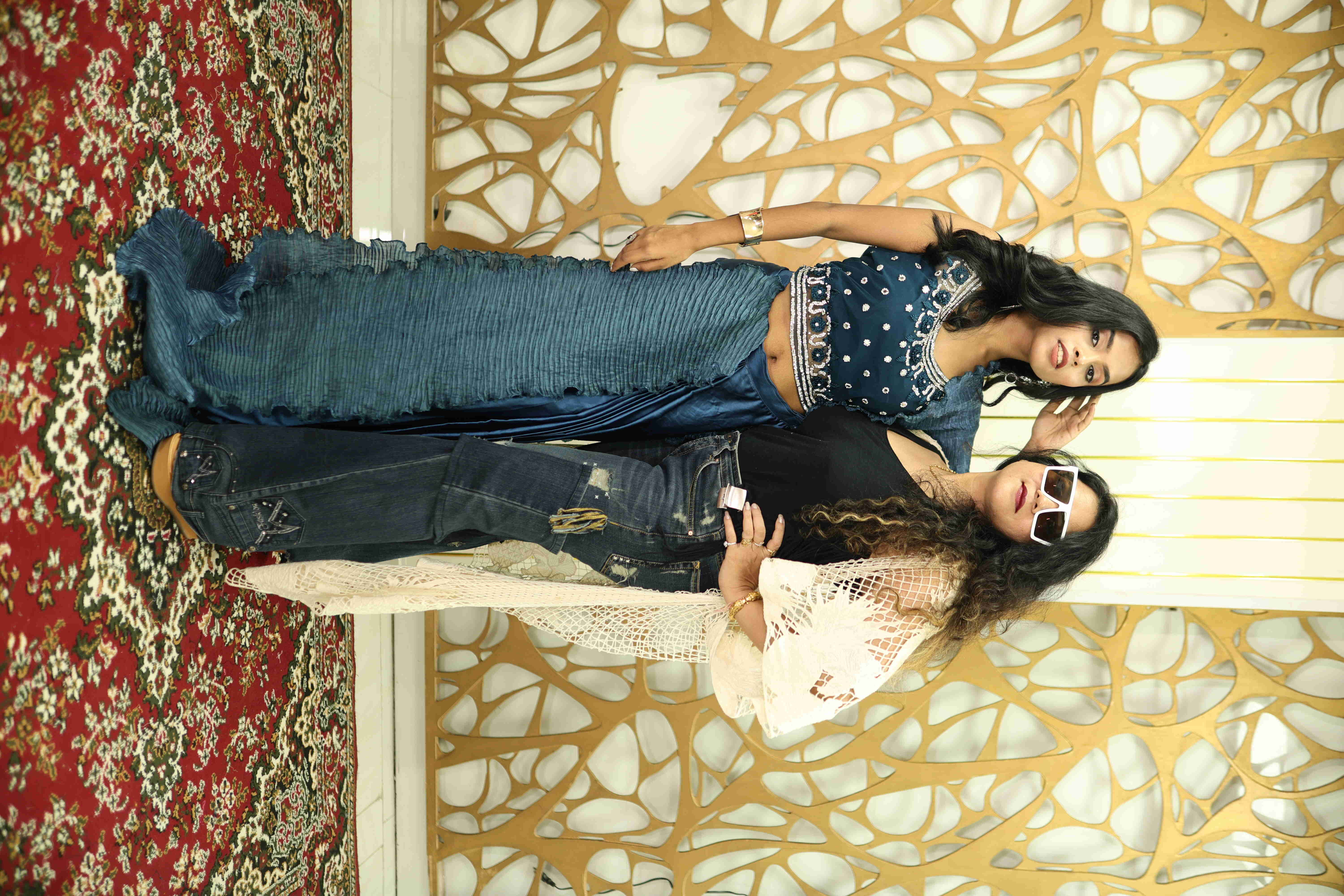 Navy Blue Embellished Blouse with Pleated Saree-Style Lehenga