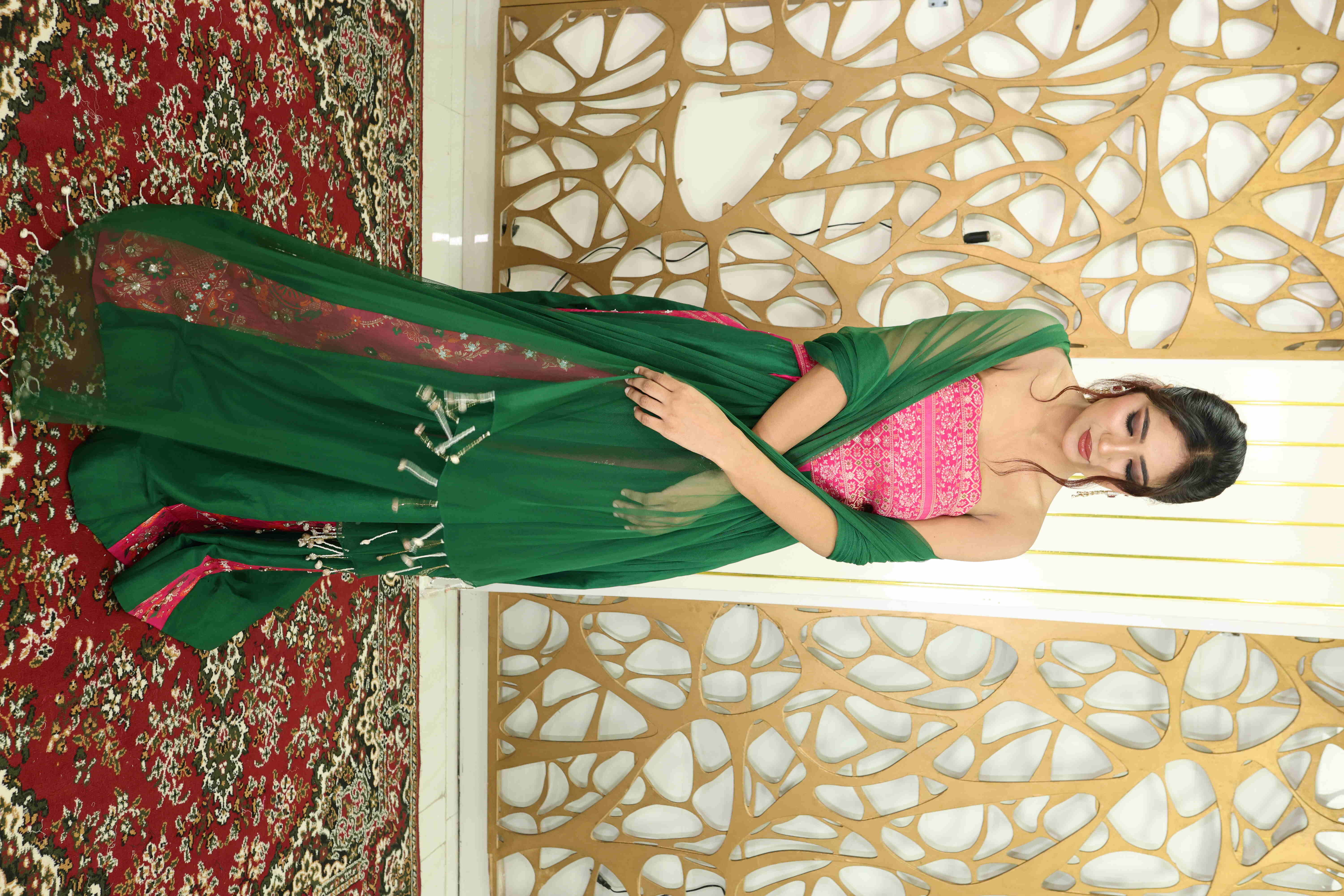 Designer Green & Pink Embroidered Anarkali Suit with Dupatta