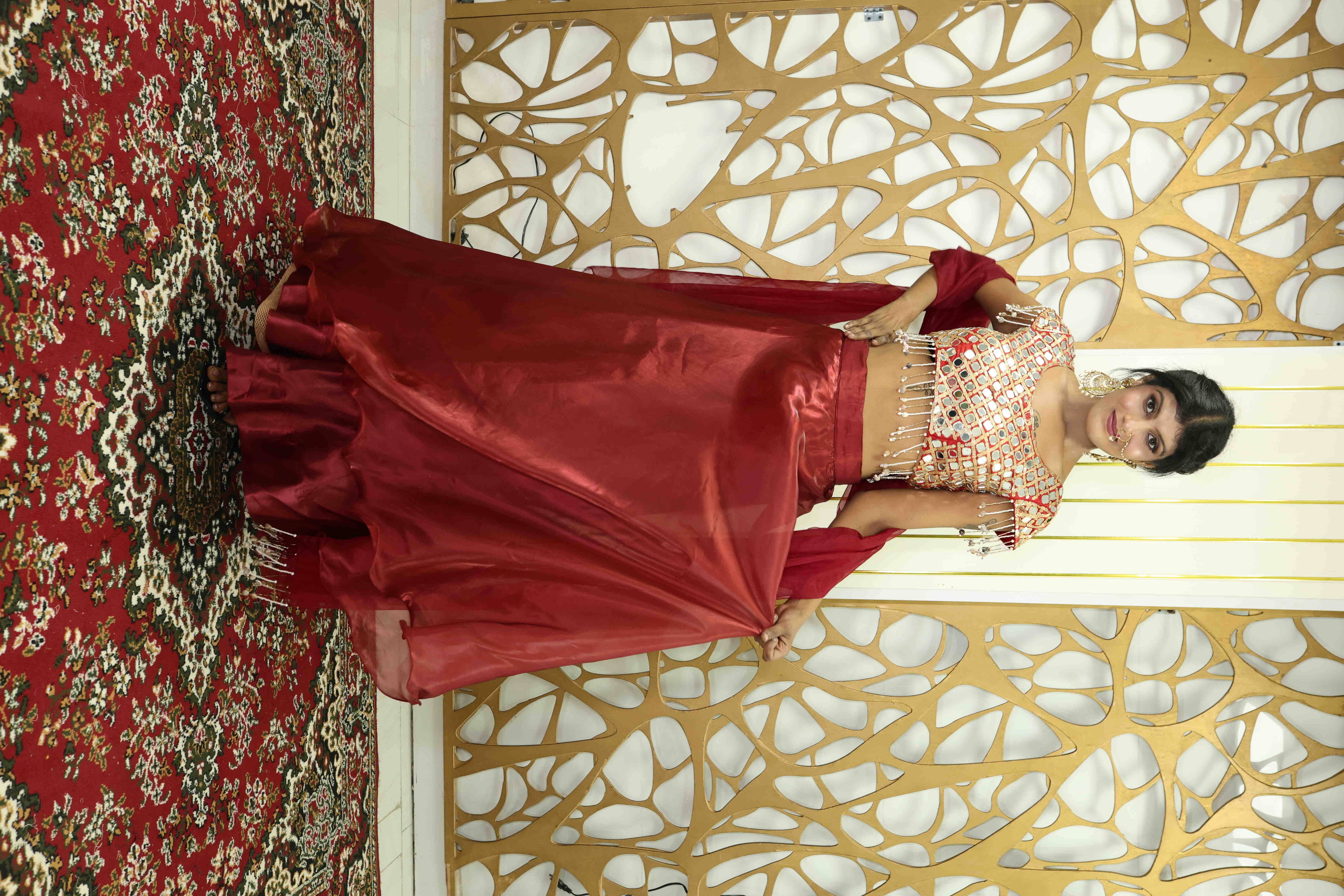 Designer Red Mirror Work Lehenga Choli with Dupatta