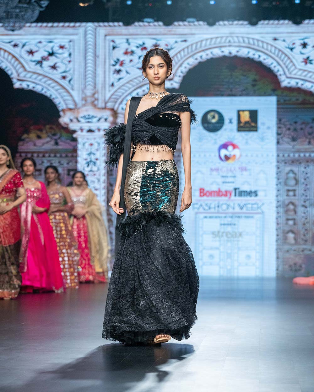 Z Black Colour Designer Mermaid Fit Net Lehenga with Handwork & Feather Detailing