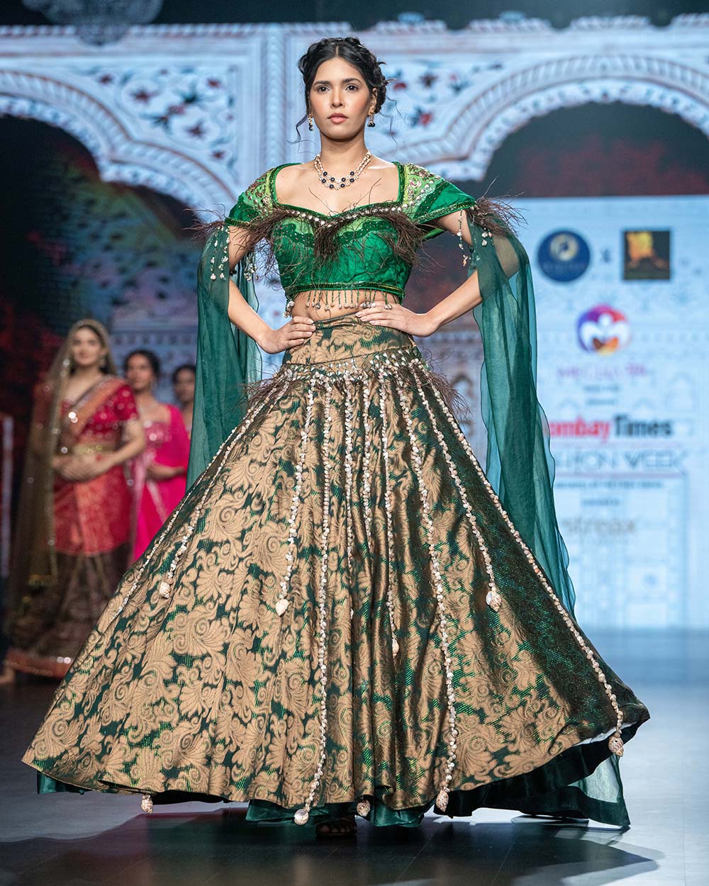 Banarasi Georgette Green Ball Lehenga with Heavy Work, Handwork Blouse & Fur Detailing