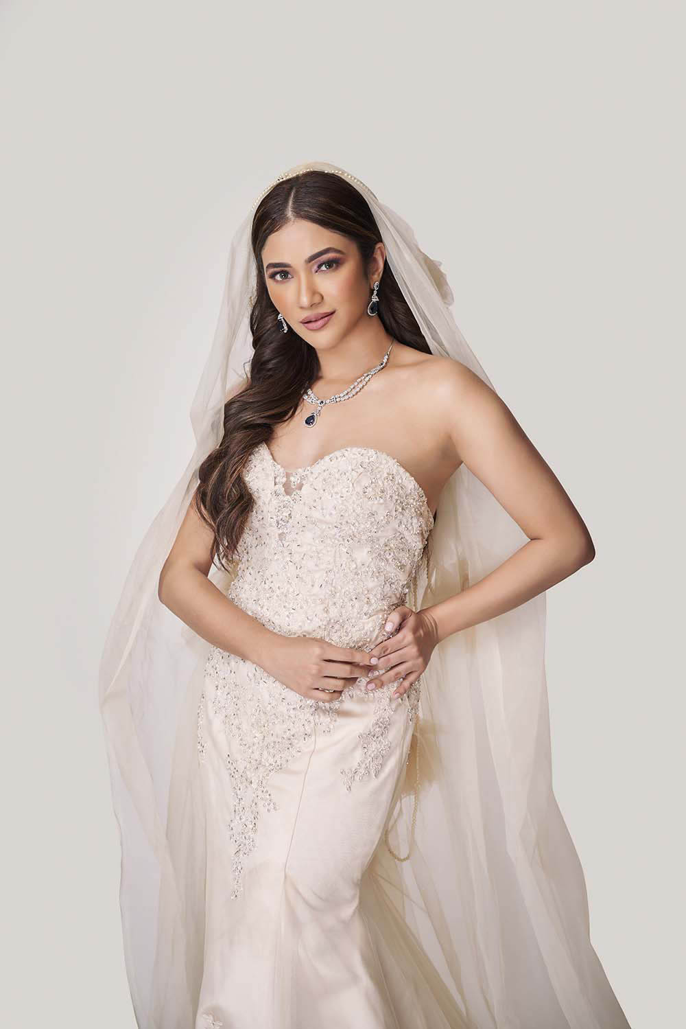 Ivory Embroidered Bridal Gown with Floral Veil