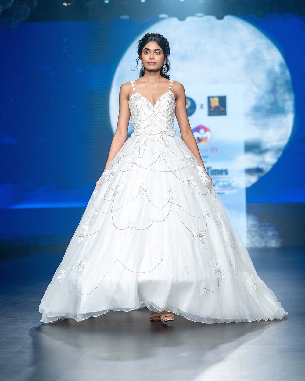 White Designer Ball Gown with Spaghetti Straps