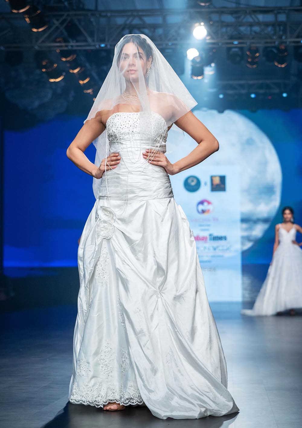 White Strapless Bridal Gown with Stone Work and Veil