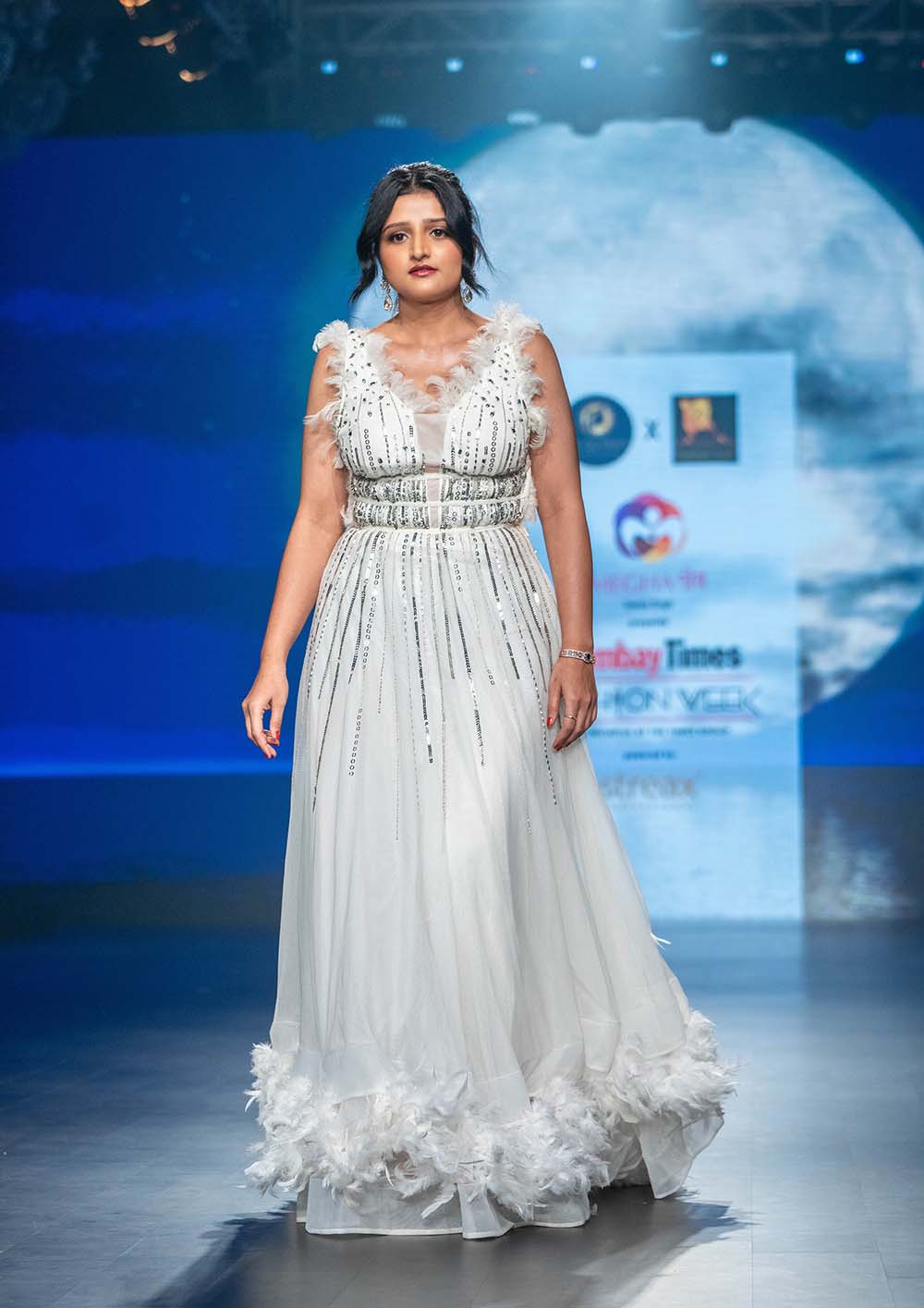 White Feather Detailing Designer Gown with Sequin Work
