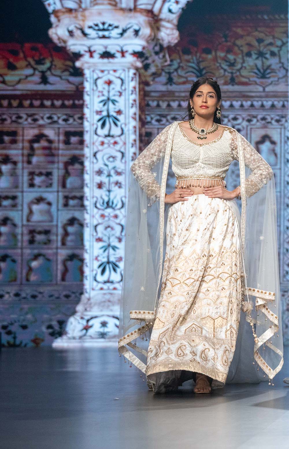 Ivory Golden Heavy Embroidered Bridal Lehenga with Net Dupatta
