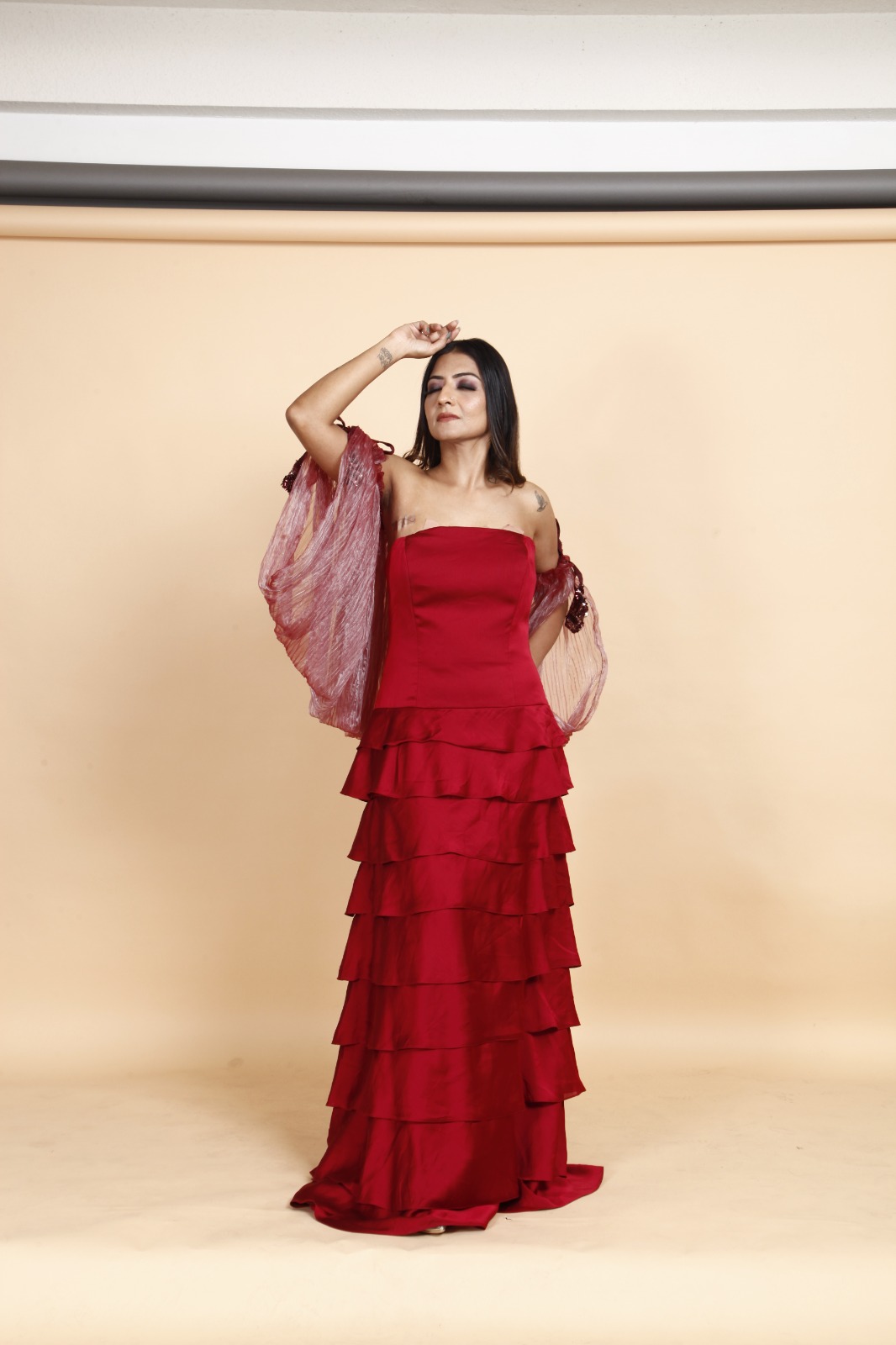 Crimson Red Layered Strapless Evening Gown