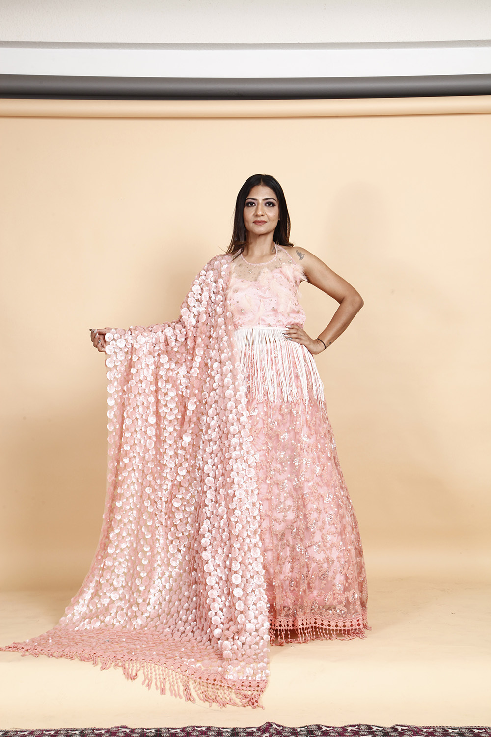 Designer Peach Pink Sequin Embellished Gown with Fringe Detailing