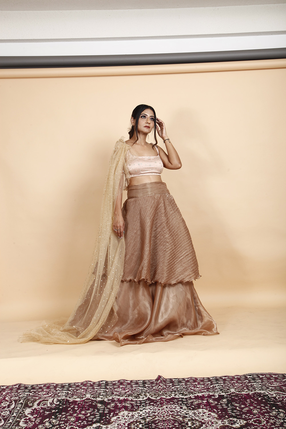 Designer Golden Beige Layered Lehenga Choli with Net Dupatta