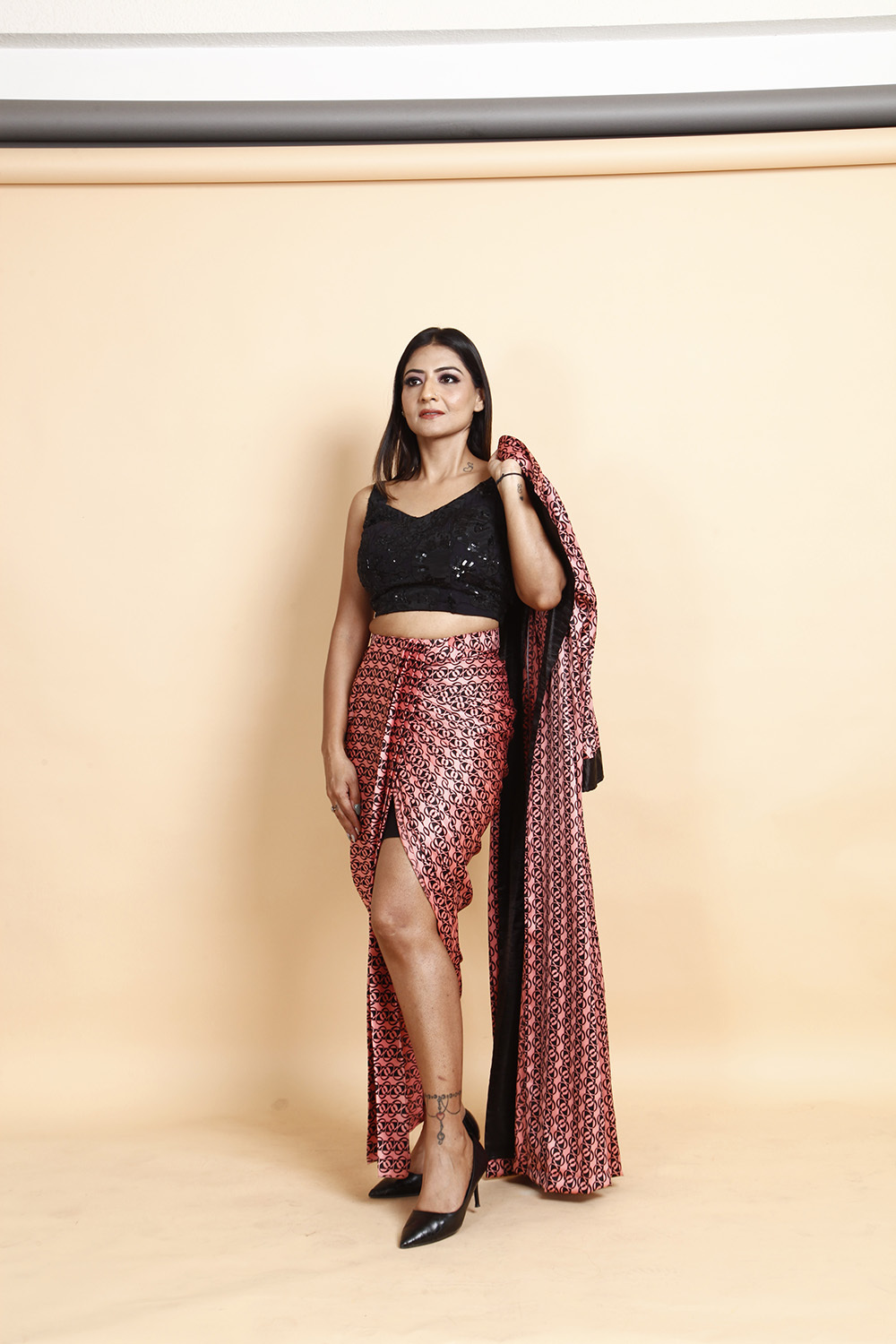 Designer Black Sequin Crop Top with Printed Wrap Skirt & Dupatta