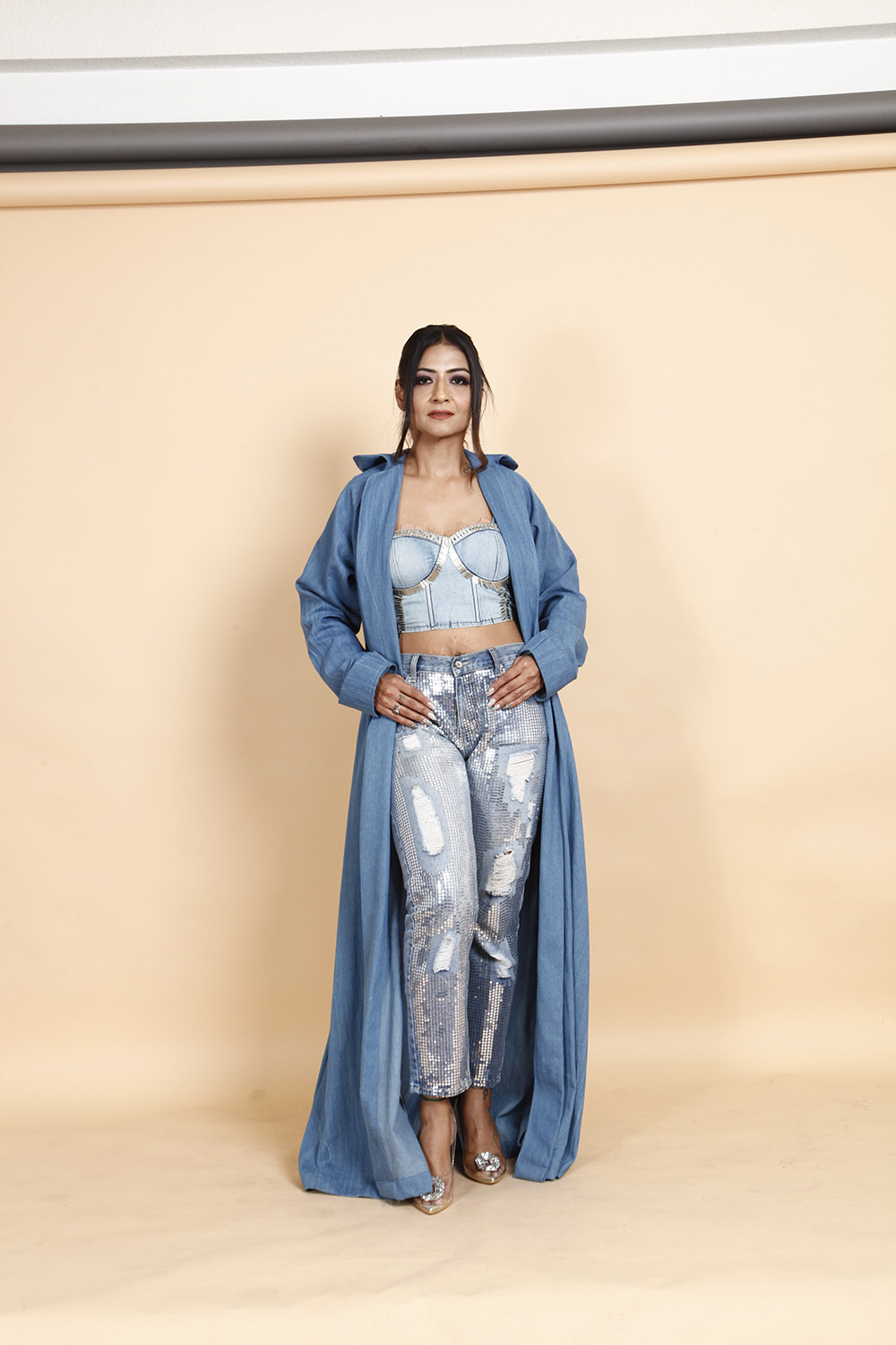Denim Bustier Top with Sequined Ripped Jeans & Long Shrug