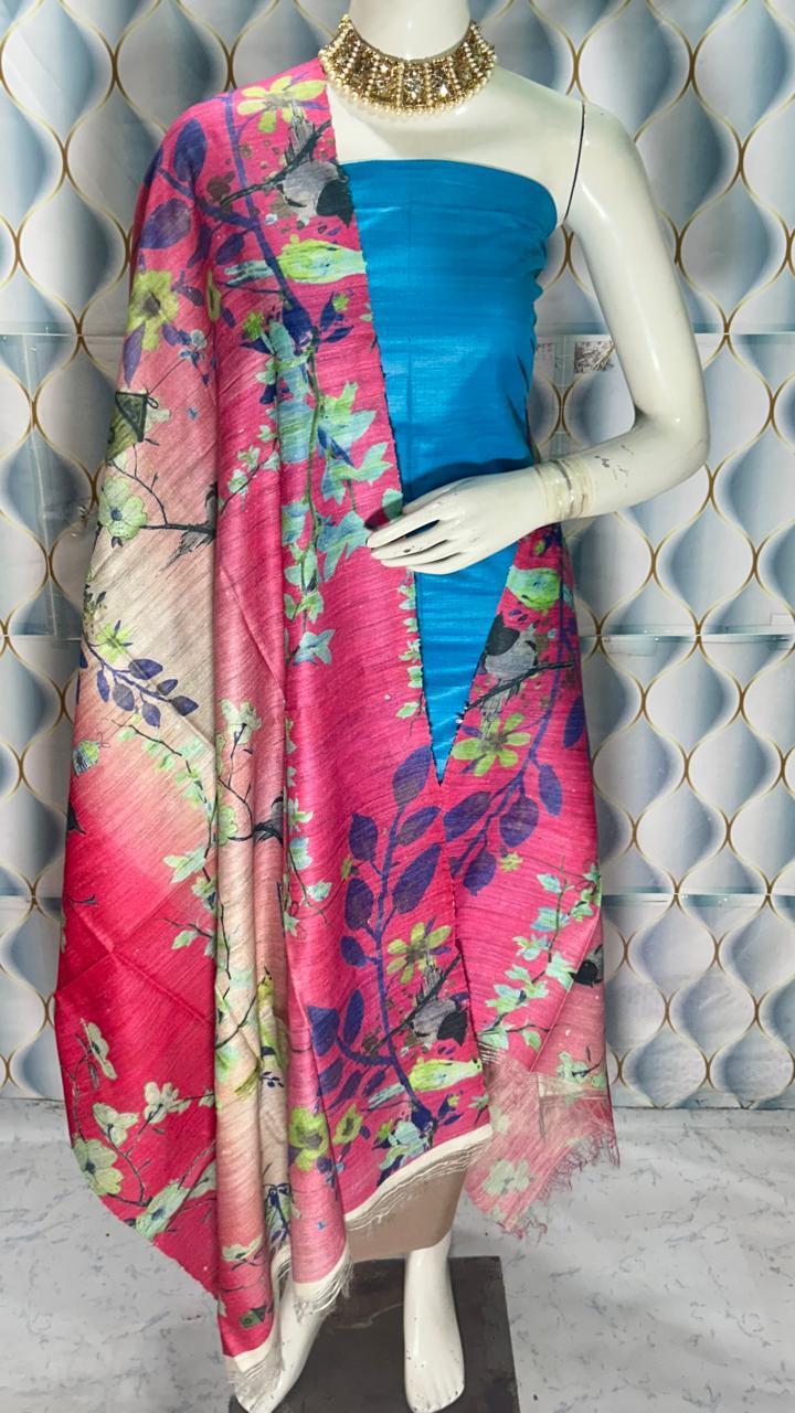 Pure Handloom Tassar Gecha Silk with Digital Print Dupatta Dress Material