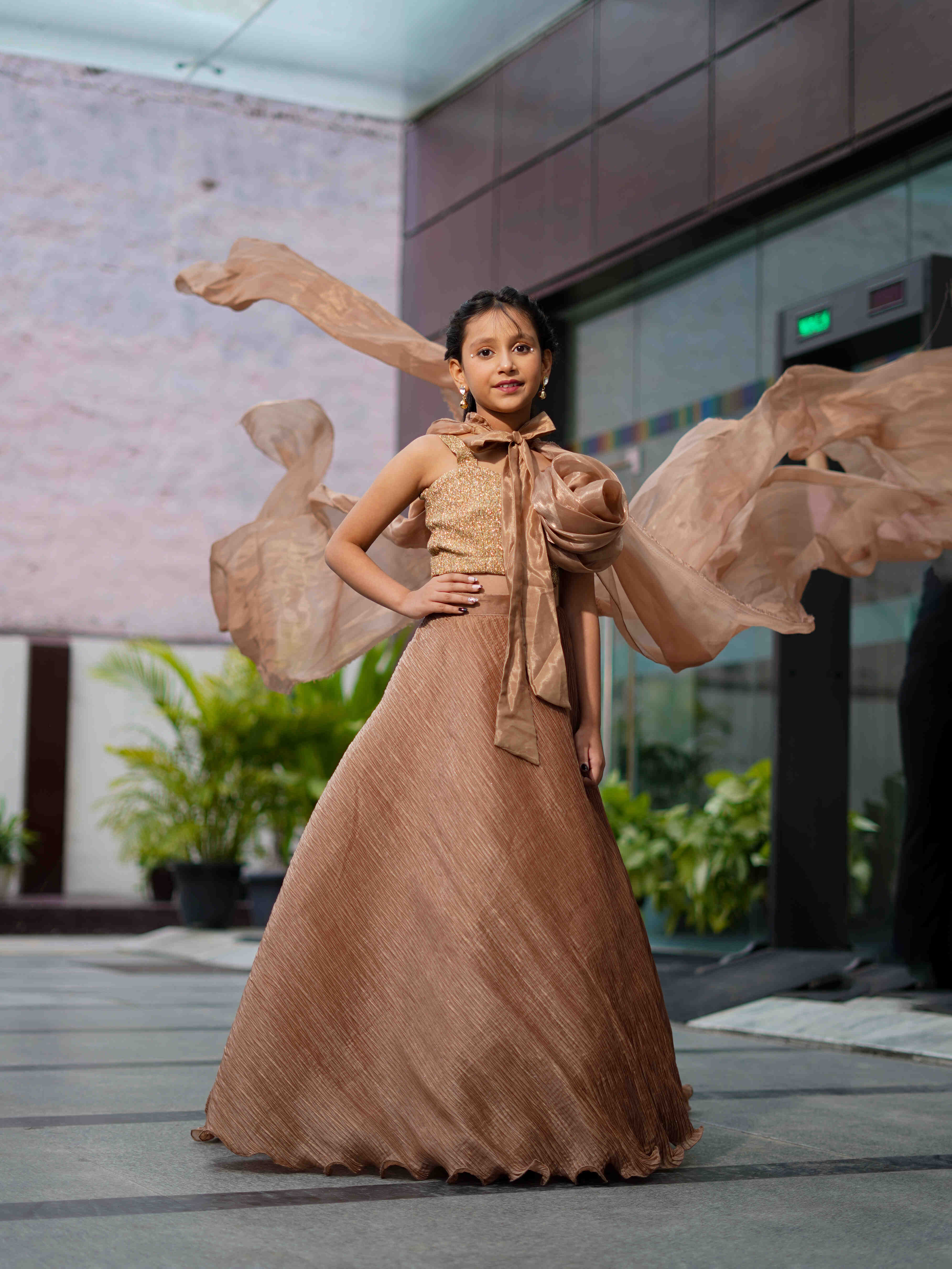 Designer Golden Beige Party Gown for Girls