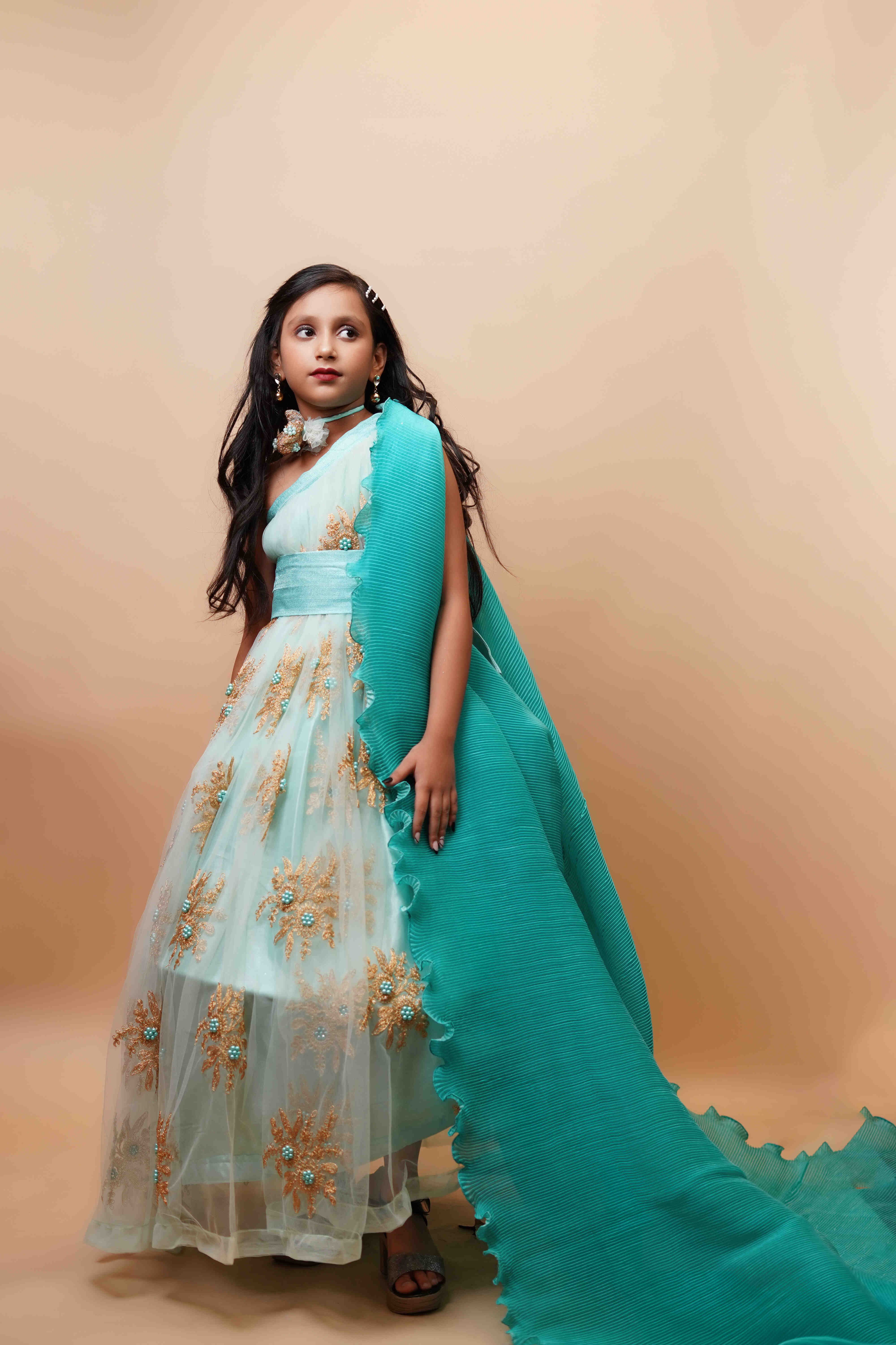 Teal Embroidered Girls Lehenga Gown with Cape
