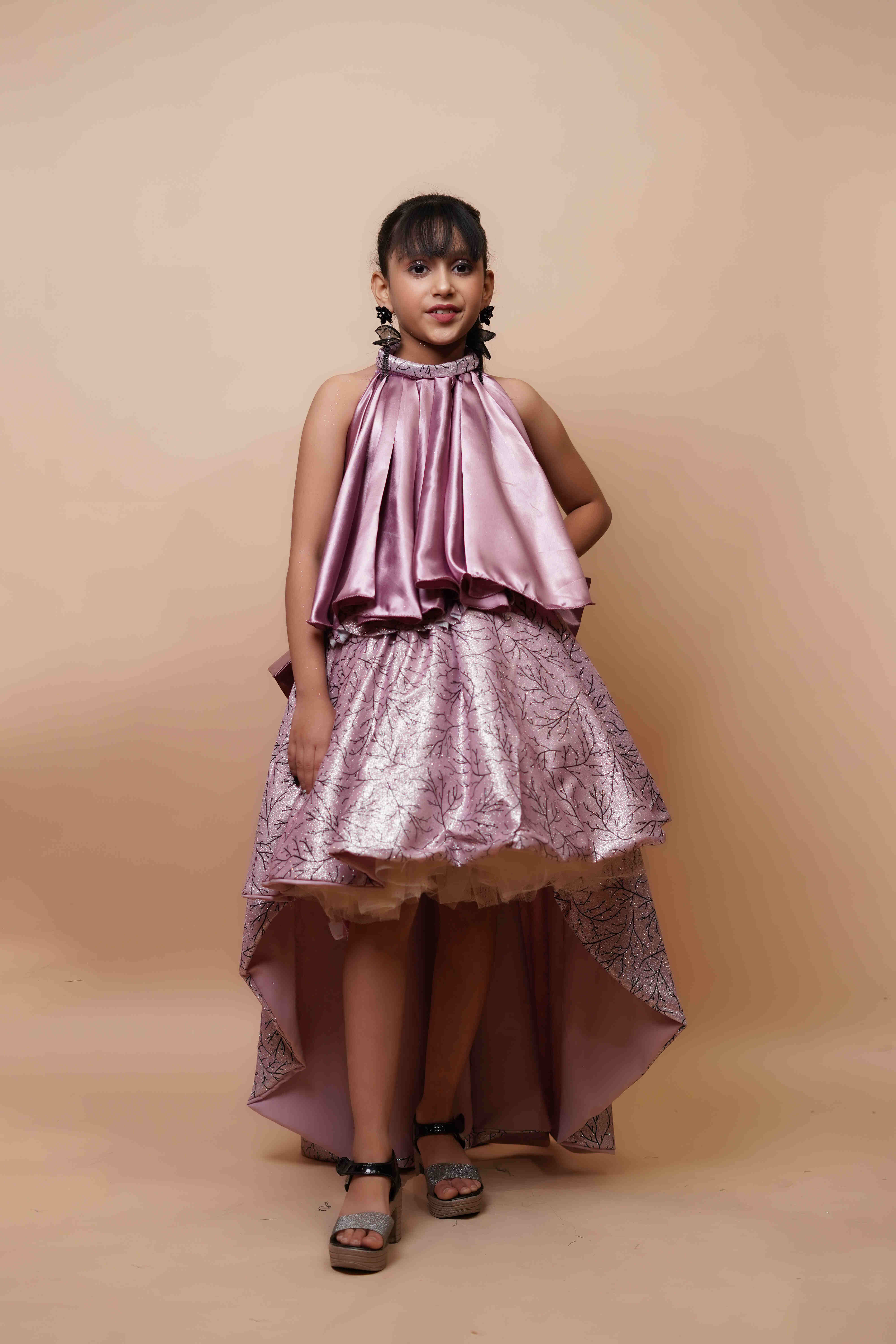 Girls Designer High-Low Party Dress – Metallic Lilac Satin Finish
