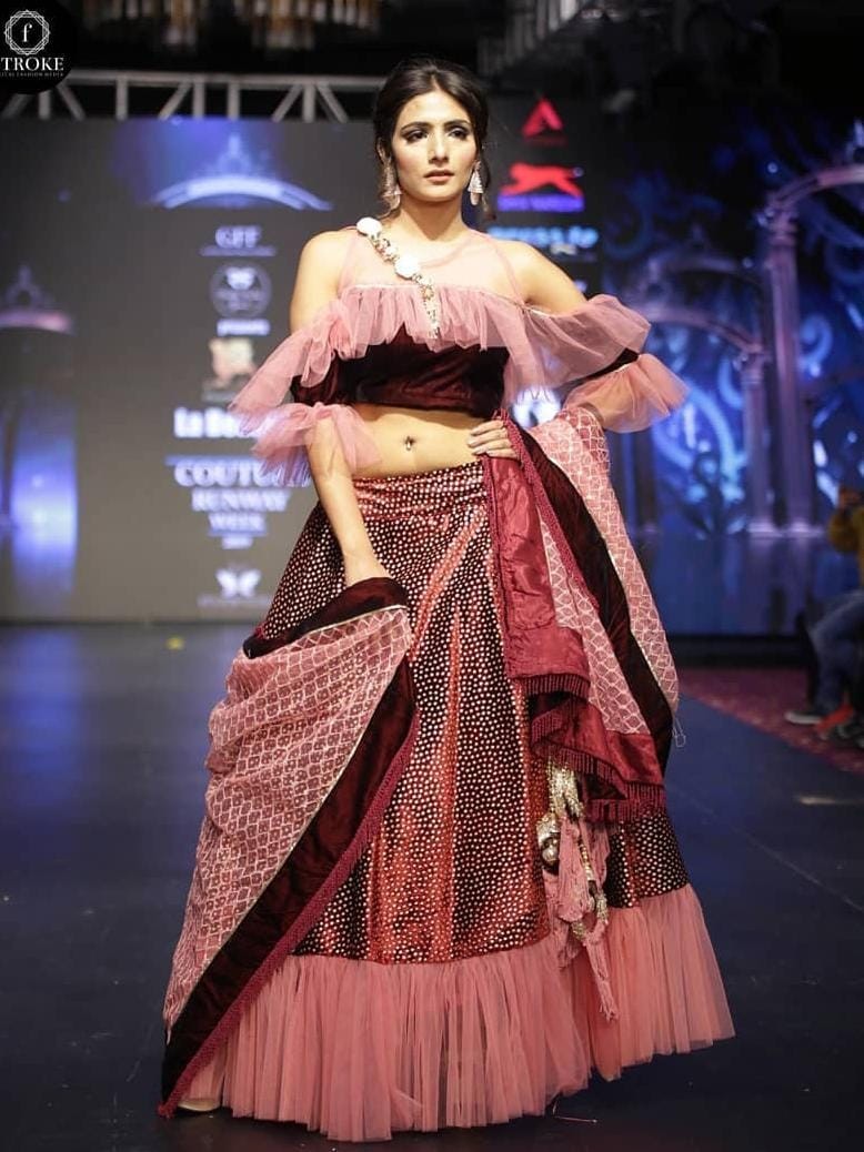 Designer Off-Shoulder Maroon & Pink Fusion Lehenga Choli with Ruffle Detailing