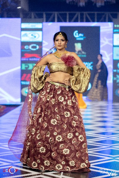 Designer Maroon & Gold Brocade Lehenga Choli with Puff Sleeves