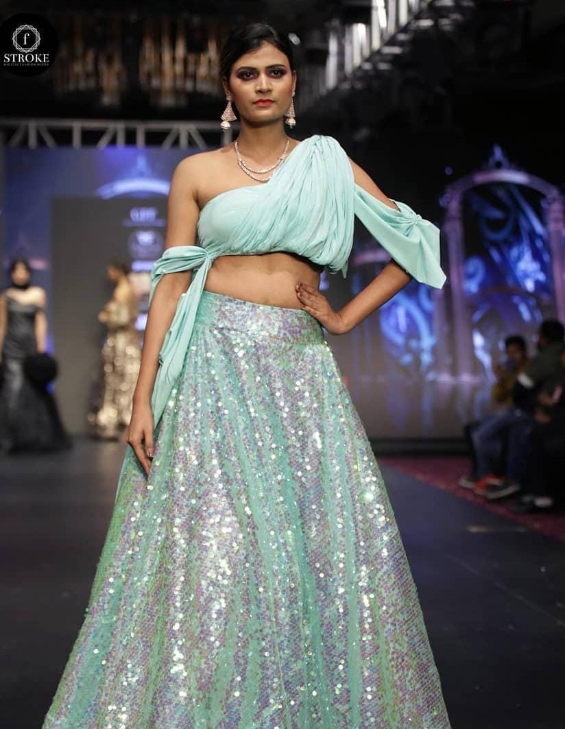 Designer Aqua Blue Sequin Lehenga Choli with Draped Sleeve Blouse