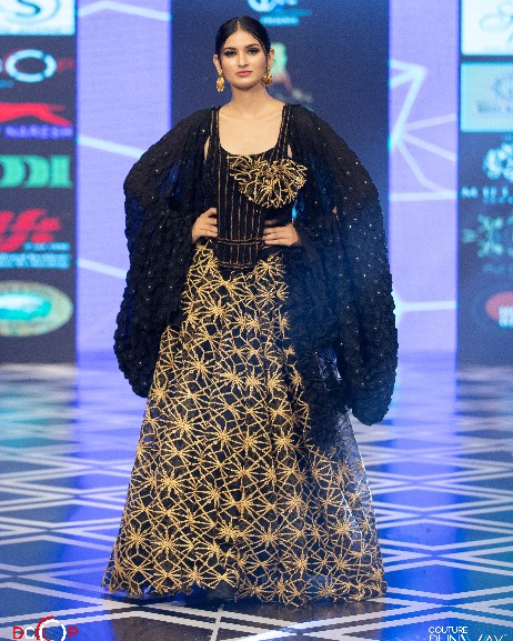 Black & Gold Embroidered Designer Lehenga with Cape Sleeves