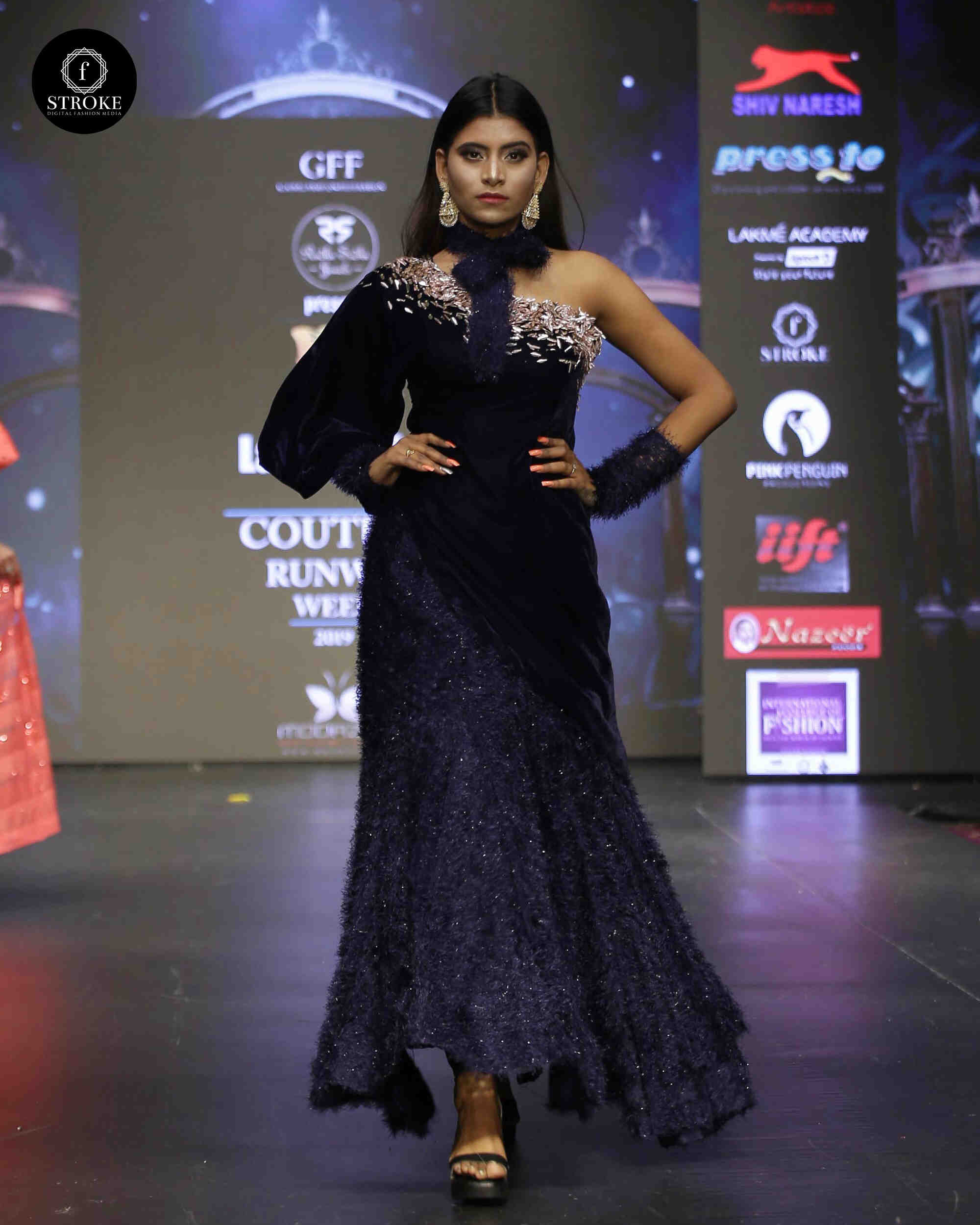 Designer Navy Blue Velvet Embellished One-Shoulder Evening Gown