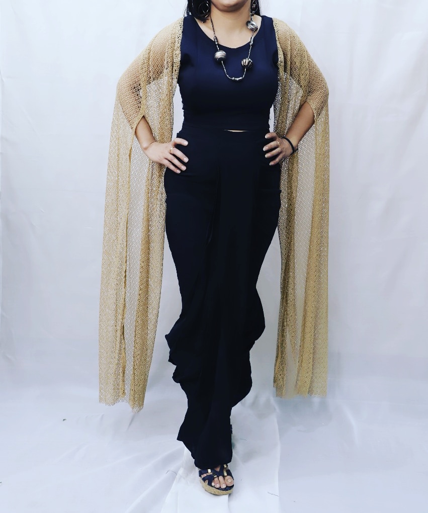 Navy Blue Crop Top & Draped Pants with Golden Net Cape