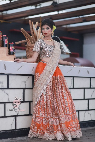 Orange Bridal Lehenga with Heavy Embroidered Dupatta & Silver Blouse