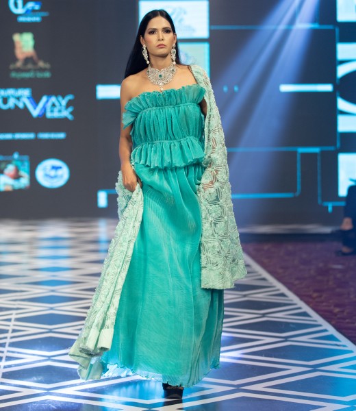 Aqua Blue Off-Shoulder Designer Gown with Textured Dupatta