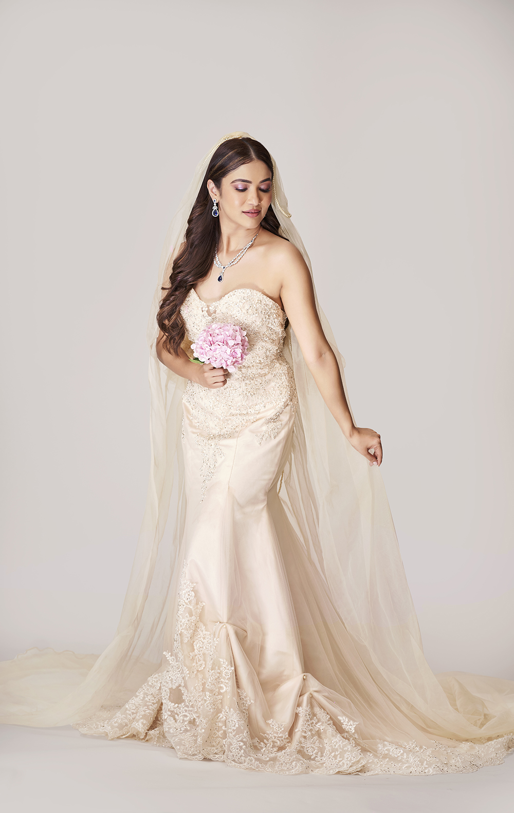 Ivory Embroidered Bridal Gown with Floral Veil
