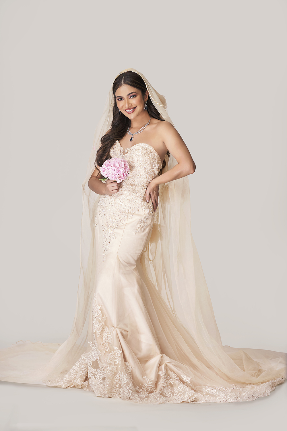 Ivory Embroidered Bridal Gown with Floral Veil