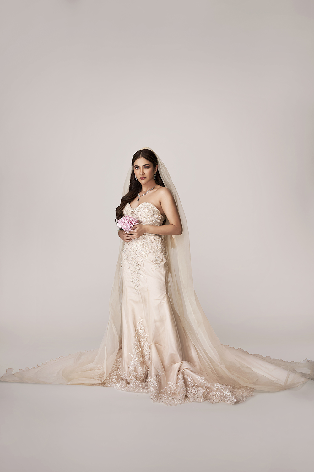 Ivory Embroidered Bridal Gown with Floral Veil