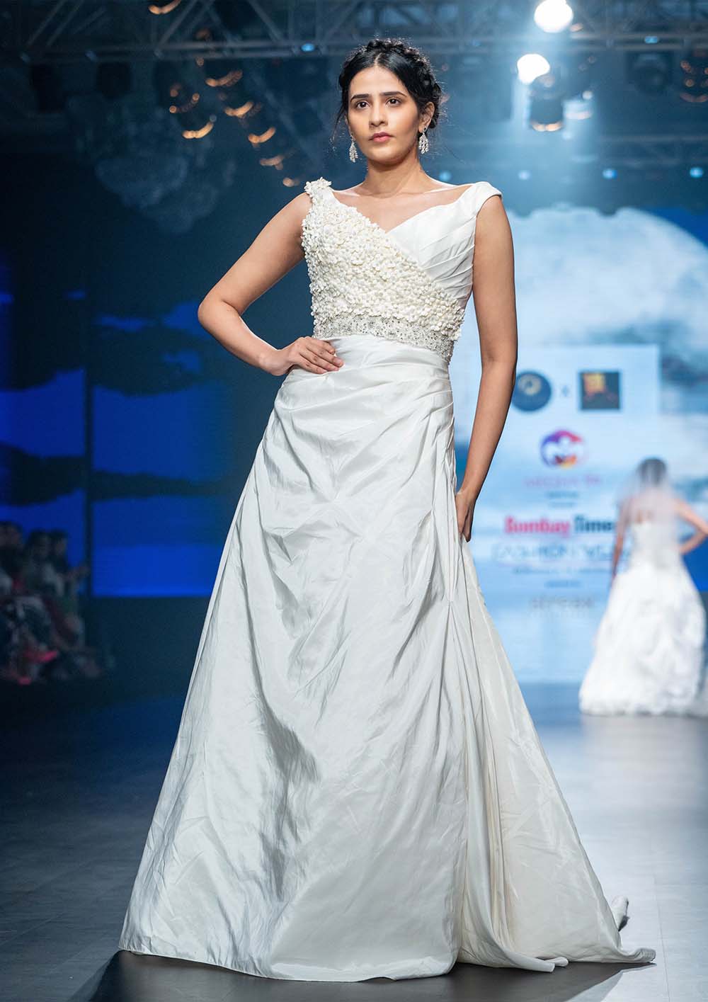 White One-Shoulder Elegant Bridal Gown with Pearl Detailing