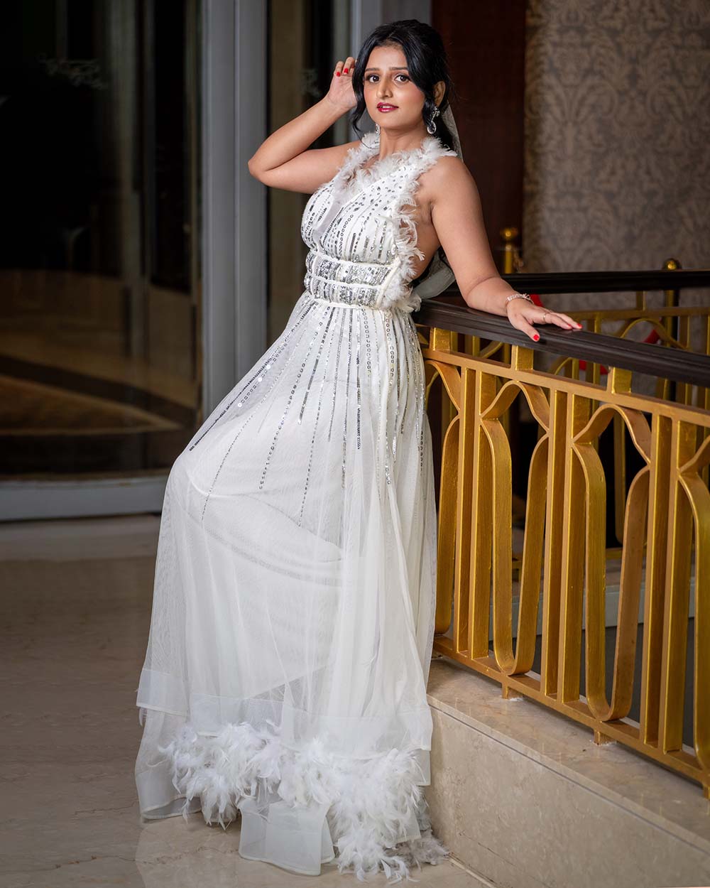 White Feather Detailing Designer Gown with Sequin Work