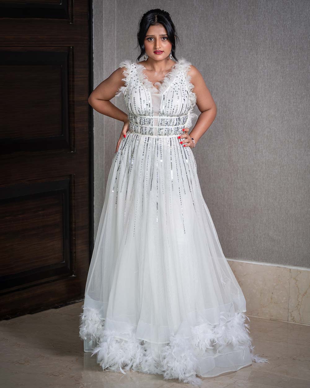 White Feather Detailing Designer Gown with Sequin Work